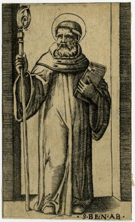Marcantonio - After - St Bennon standing between two pillars holding a crosier in his right hand and a closed book in the left, 1981,U.2158, Marcantonio Raimondi