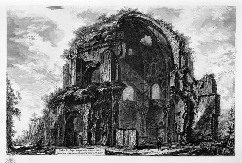 View of the octangular Temple of Minerva Medici. A He was internally adorned with marble, B and with mosaics, and externally covered with stucco. C Ruins of another building later joined to the Temple., Giovanni Battista Piranesi, 1748-1774