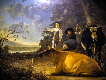 Two Cows with a Shepherd and Shepherdess, Aelbert Cuyp, 1650