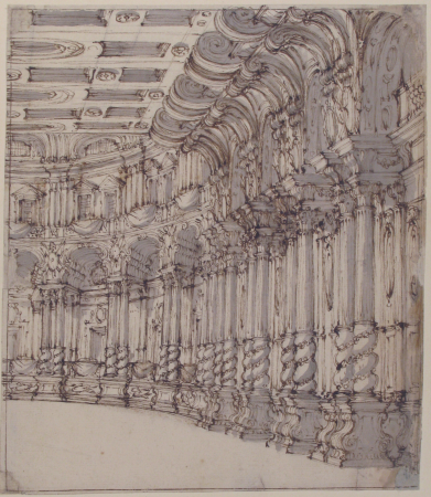 Design for a Stage Set: Interior of a Ballroom or Theater with Torqued Columns and Large Volutes Above., Francesco Galli Bibiena, between 1676 and 1736