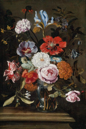 Flowers in a glass vase on a stone ledge, Ferdinand Brueghel, between 1650 and 1669