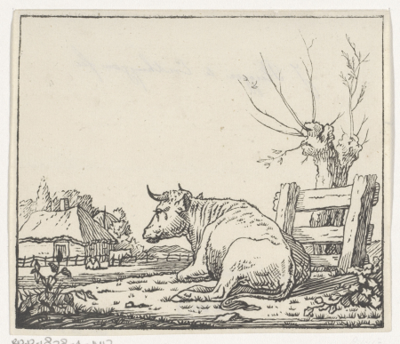 Koe liggend naast een knotwilg in de wei, RP-P-1878-A-1417, Jacob Plügger, between 1805 and 1871