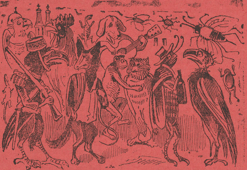 Broadsheet with extravagant verses relating to a parade of animals dressed in costume and a corrido about an encounter between various animals., José Guadalupe Posada, circa 1895–1910