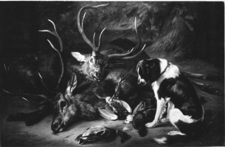 Hunting still life with dead deer and birds, Benno Adam, 1848
