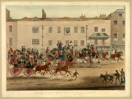 North-country mails at the Peacock, Islington - painted by James Pollard ; engraved by T. Sutherland. LCCN2008677247, Thomas Sutherland, 1838