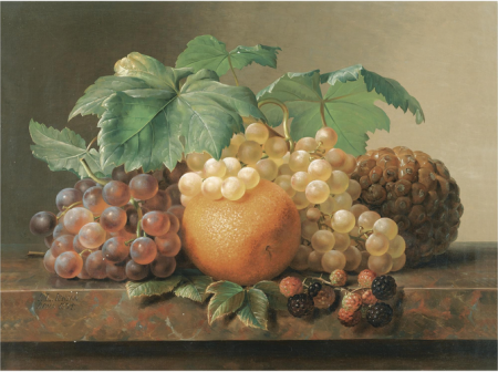 (A STILL LIFE OF GRAPES, BLACKBERRIES, AN ORANGE AND A PINEAPPLE), Johan Laurentz Jensen