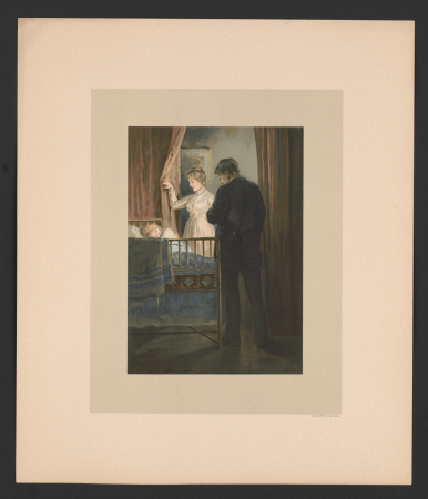 "In October" - illustration for "Baby's Lullaby Book ... by Charles Stuart Pratt" showing parents looking in on a child asleep in a bed LCCN2017650219, 1888