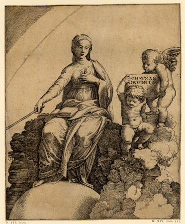 Marcantonio - A personification of Philosophy sitting on clouds with her feet resting on a globe, holding her left hand to her chest and her right extended holding a sceptre, an open book lays across her lap, H,3.20, Marcantonio Raimondi
