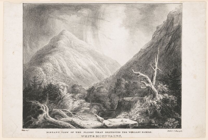 White Mountains. Distant view of the slides that destroyed the Whilley family - Cole delt. ; Imbert's lithography. LCCN93510267, Anthony Imbert, 1828