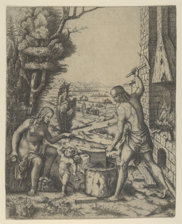 Venus at left holding a golden apple in her right hand and an arrow in her left, Vulcan at his forge beating a piece of iron on an anvil, Timoteo Viti, circa 1505