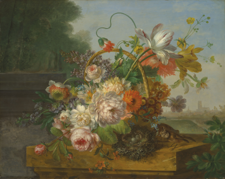 Flowers in a basket on a ledge, with a bird's nest and bird, Rotterdam beyond, Willem van Leen