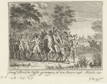 Floris V tijdens het jagen gevangengenomen, 1296 Graaf Floris de Vyfde gevangen, in den Jaare 1296 (titel op object), RP-P-OB-78.137, Simon Fokke, between 1782 and 1784