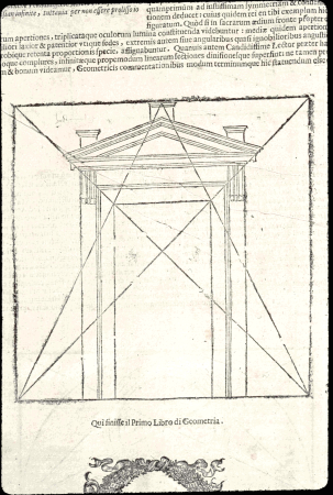 Building facade with the writing "Here the First Book of Geometry ended" underneath, 1544