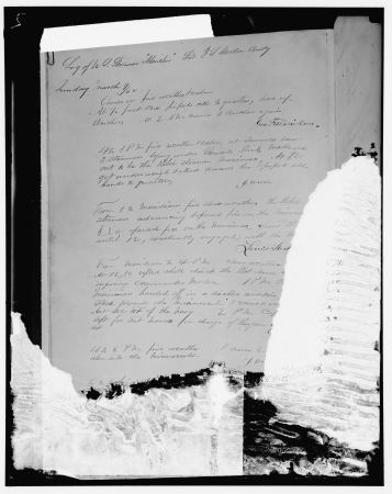 Log of U.S. Steamer 'Monitor,' Lieut. J.L. Worden, Comd., Sunday, March 9-'62 LOC hec.13635, between 1910 and 1920