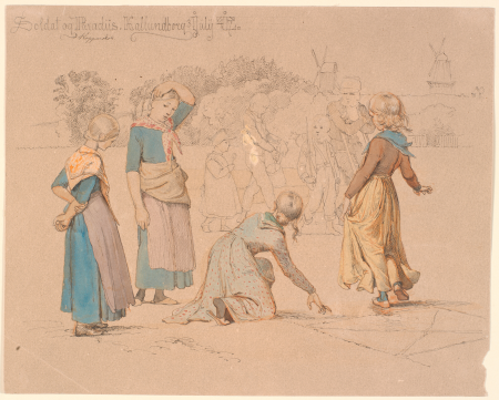 In the foreground some girls jumping paradise. In the background some boys playing soldier and an invalid looking on, Johan Lundbye, 1847