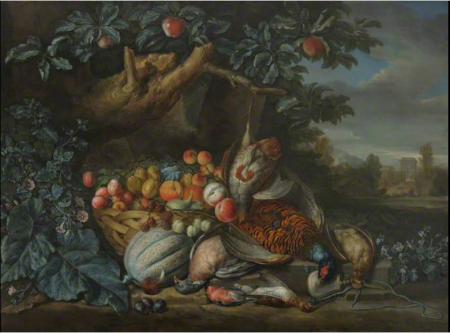 Dead Game and a Basket of Fruit in a Woodland Setting, Pieter Andreas Rijsbrack