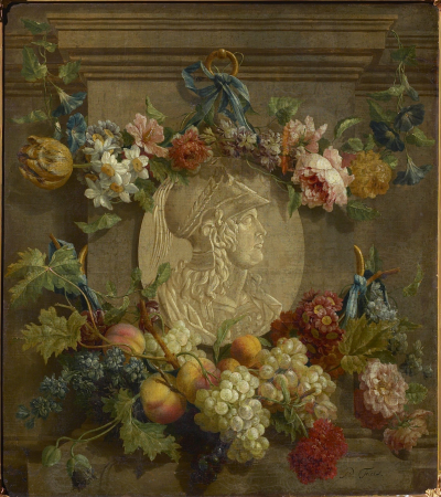 Medallion with Minerva surrounded by fruits and flowers, Pieter Faes, circa 1782