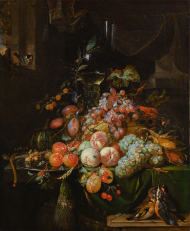 STILL LIFE WITH PLUMS, PEACHES, APRICOTS, GRAPES AND A MELON, WITH A ROEMER GLASS AND A FLUTE GLASS, ALL ON A DRAPED TABLE, A GOLDFINCH ON THE WINDOW SILL AND A BRACE OF SONGBIRDS, Abraham Mignon, circa 1665
