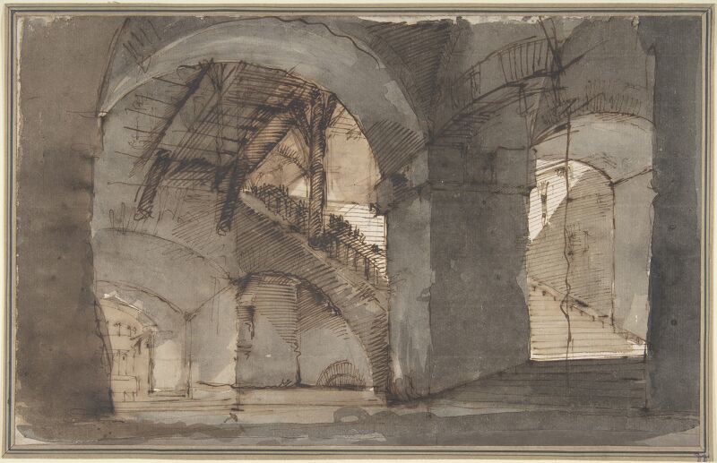 Design for a Stage Set: A Dungeon with High Vaults and a Staircase at Right., Domenico Fossati, 1743–84