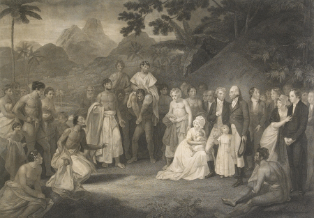 The Cession of the District of Matavai in the Island of Otaheite to Captain James Wilson for the use of the Missionaries Sent Thither by that Society in the Ship Duff, engraving by Francesco Bartolozzi, Robert Smirke, 1801