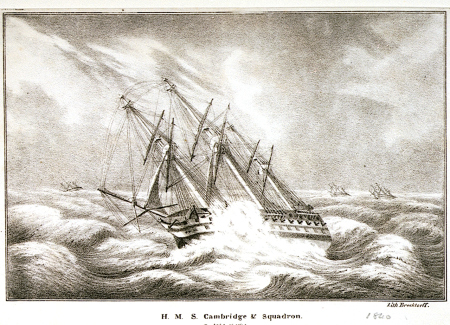 H.M.S. Cambridge and Squadron Decr 2d and 3d 1840. Printed on ship's notepaper RMG PU6110, Charles Frederick de Brocktorff, 1840