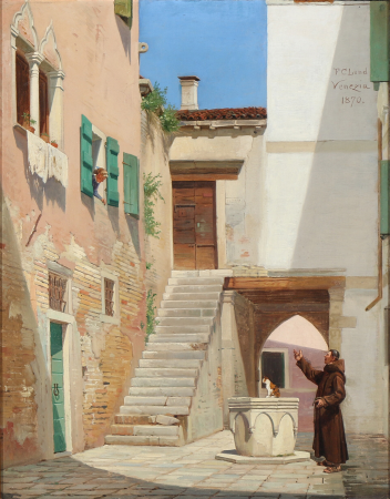 View from Venice with a monk calling a woman in a window., Frederik Christian Lund, 1870