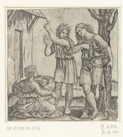 Moeder met kind pratend met twee mannen, RP-P-OB-12.012, Marcantonio Raimondi, between 1510 and 1527