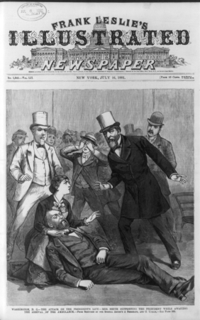 Washington, D.C. - the attack on the President's (James Garfield's) life - Mrs. Smith supporting the president while awaiting the arrival of the ambulance LCCN99614083, Frank Leslie, 1881