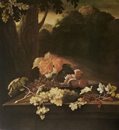 Fruit on a stone table in front of a wooded hilly landscape, Adriaen Coorte, circa 1685