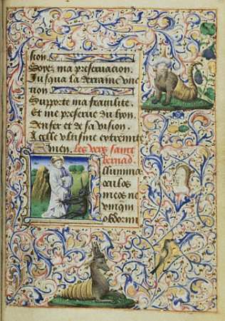Initial with Saint Bernard fighting the demon, folio taken from the Hours of Simon de Varie, circa 1455