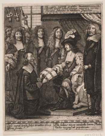 Simon Paulli presents Frederik III with a book. Illustration for Simon Paulli, "Quadripartitum Botanicum", 1667, Albert Haelwegh