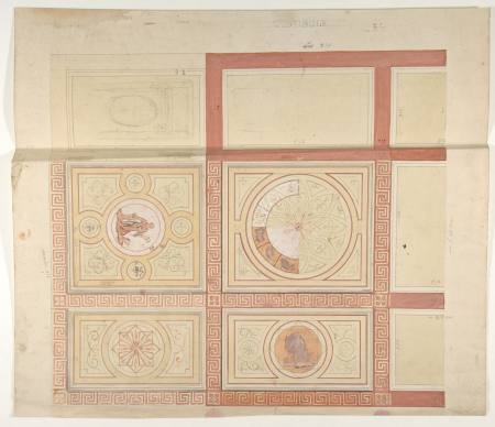 Design for the decoration of the ceiling of a vestibule in painted panels with roman key borders, Eugène-Pierre Gourdet, 1830–97