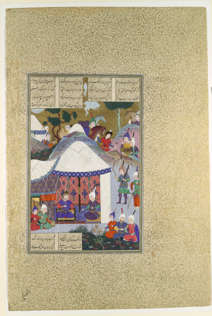 "Zal Questions Sam's Intentions Regarding the House of Mihrab", Folio 81v from the Shahnama (Book of Kings) of Shah Tahmasp, Abd al-Aziz, circa 1525–30