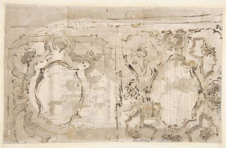 Architectural Fantasy: Figures on a Grand Staircase (recto); Studies for the Frame of a Shaped Field (verso), Francesco Guardi, 1712–93