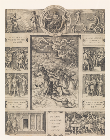 Neptune calming the tempest which Aeolus raised against Aeneas' fleet from Book I of the Aeneid, Marcantonio Raimondi, circa 1515–16