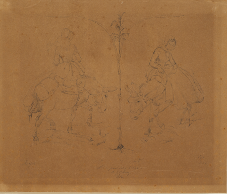 Mrs. Raffenberg sitting on a donkey. Two productions separated by a plant stem, Johan Lundbye, 1846