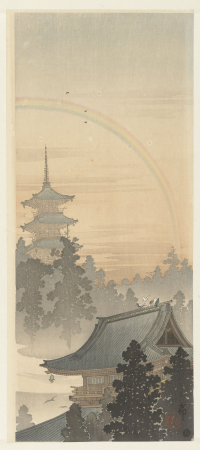 Pagode en regenboog, RP-P-1999-579, Ohara Koson, between 1900 and 1910