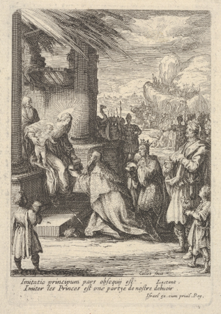 Adoration of the Magi, with Mary bracing Jesus with her right hand and reaching for a gift with her left, a long procession extending into a hilly background, children at bottom left and right bearing vessels, Jacques Callot, circa 1621–35