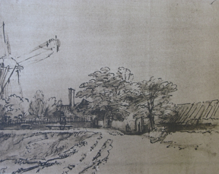 Vasari Society No. 26 REMBRANDT (b. 1606; d. 1669) ENTRANCE TO A VILLAGE WITH A WINDMILL ON THE LEFT Collection of the Duke of Devonshire, Chatsworth, Rembrandt