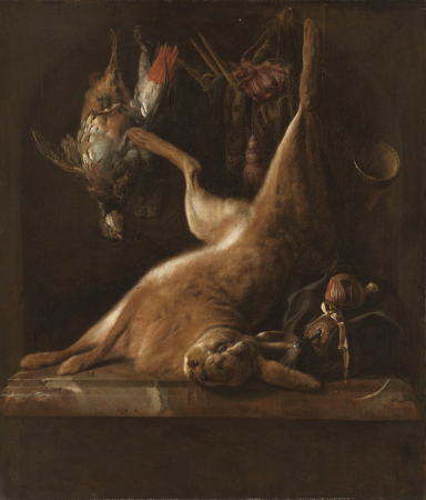 A dead hare and partridge with hawking equiptment on a ledge, Jan Weenix