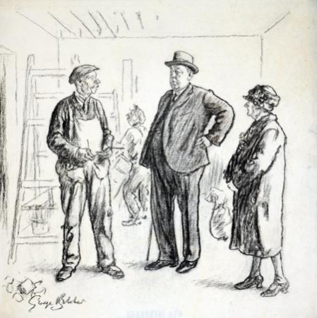 GENTLEMAN-ENQUIRING-ABOUT-BUNGALOW-WHEN-DO-YOU-EXPECT-TO-FINISH-THISWORKMAN-NOT-YET-AWHILE-WHY-THATS-THE-LAST-THING-WE-DO-1-z1245, George Belcher, before 1947