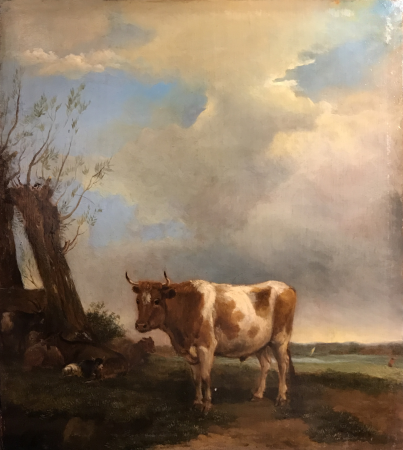 A Bull in a Meadow with Goats by a Tree, Albert Klomp