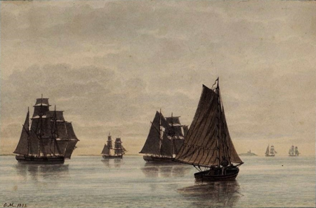Ships near the island of Sprogø., Christian Mølsted, 1892