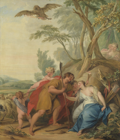 Jupiter, disguised as a shepherd, seduces Mnemosyne, goddess of memory, Jacob de Wit, 1727