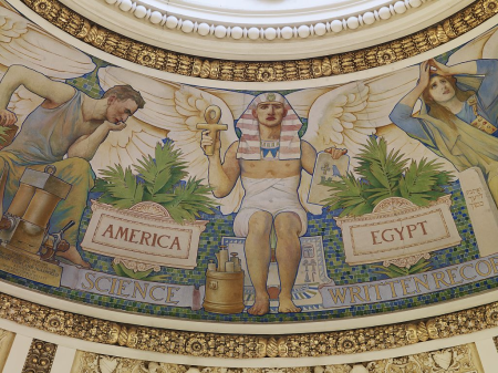 Main Reading Room. Detail of Blashfield's mural in dome collar showing Egypt's contribution of Written Records. Library of Congress Thomas Jefferson Building, Washington, D.C. LOC 8470007009, Edwin Blashfield