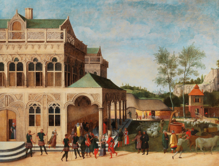 An elegant loggia with the Proposal of Isaac to Rebecca, Abel Grimmer, by 1620