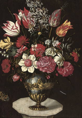 A stock, chrysanthemums, roses, anemones, parrot tulips, and other flowers in a classical urn on a plinth, with a butterfly and dragonfly, Francesco Codino