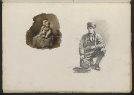Knielende man en een moeder en dochter in een interieur, RP-T-2004-103-5(R), Johannes Huybertus van Hove, between 1837 and 1881
