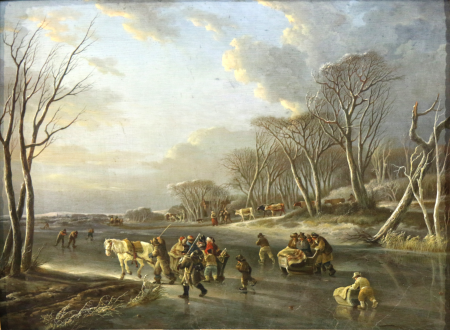 Travelers in a sleigh on a river in Holland., Andries Vermeulen, between 1640 and 1672