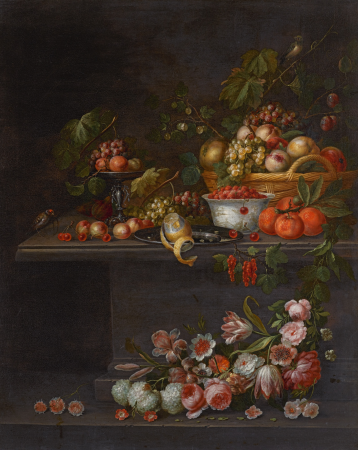 Fruit still life on a stone table with flowers below, Pseudo-Simons, between 1650 and 1680
